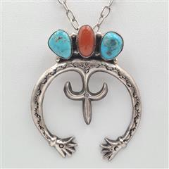 Vintage Old Pawn 925 Sterling Silver Turquoise & Coral Squash Blossom Pendant